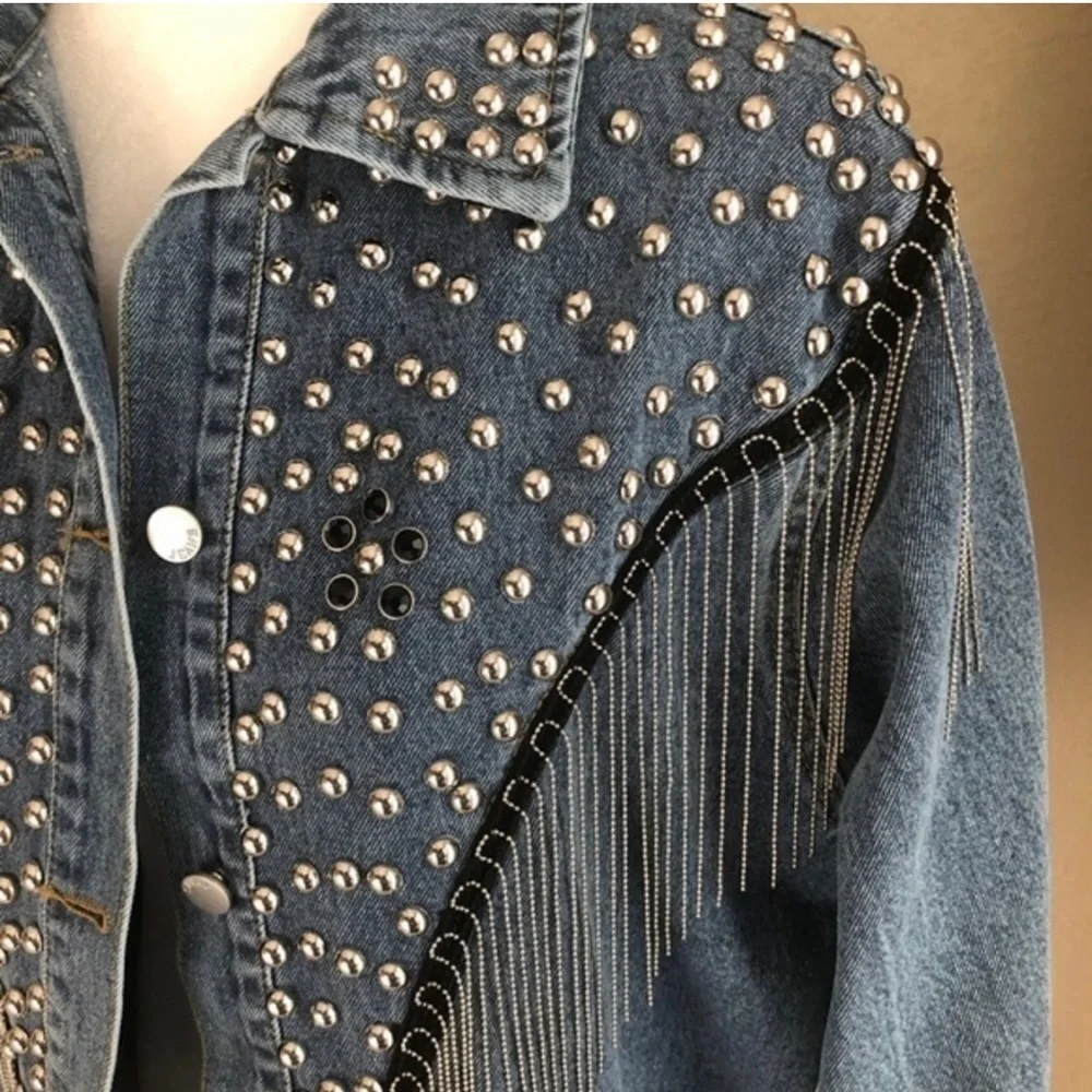 Blue Studded Fringe Statement Denim Jacket Size XL